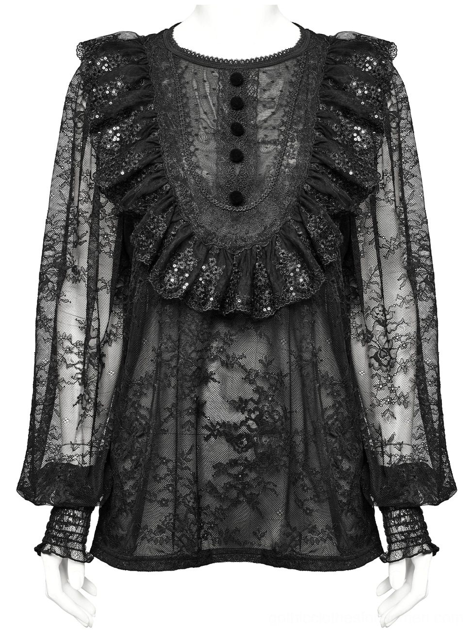 Black lace gothic blouse front neckline with ruffled shoulder trim detail