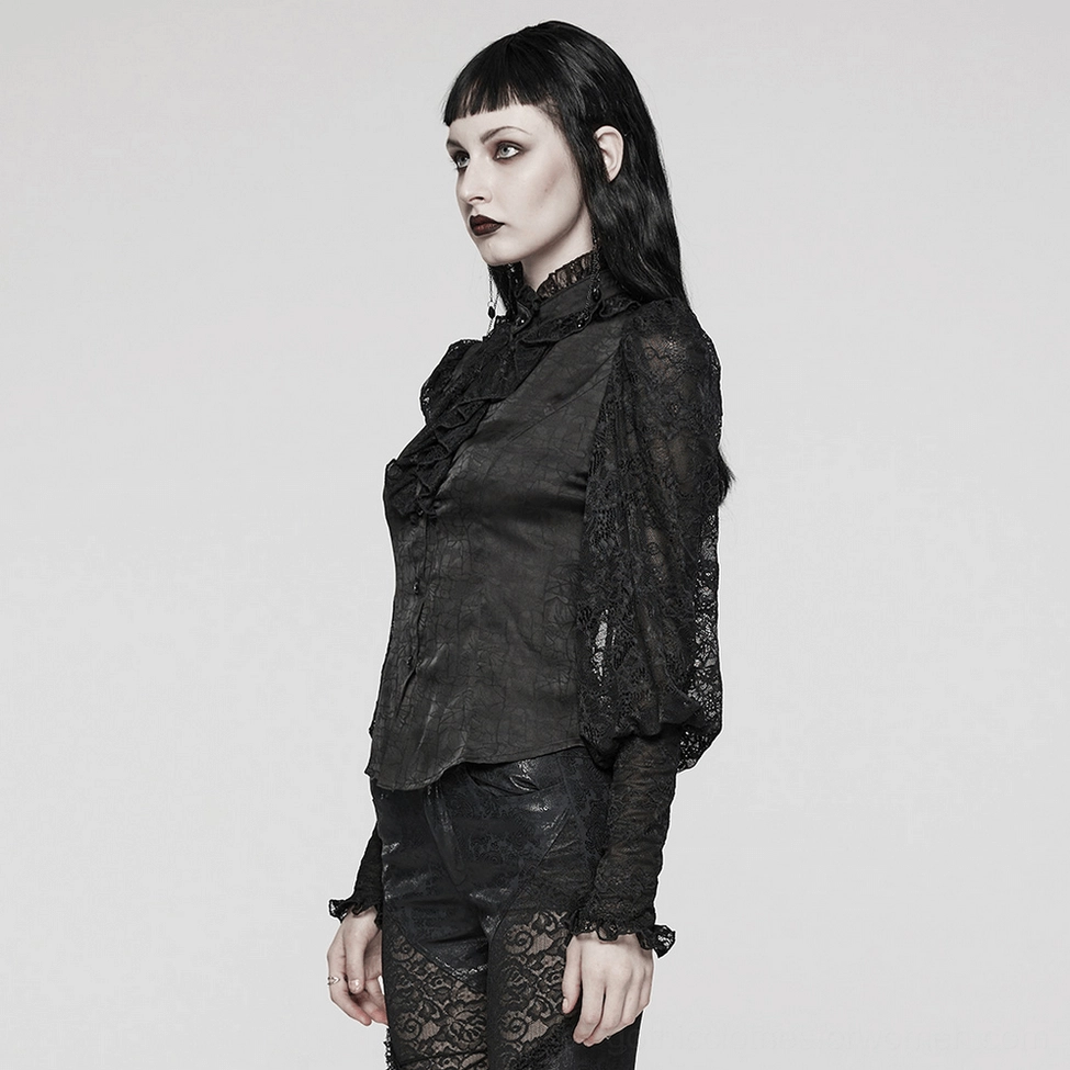 Black lace gothic blouse side profile on model - slim-fitted silhouette, lace sleeves, ruffled collar