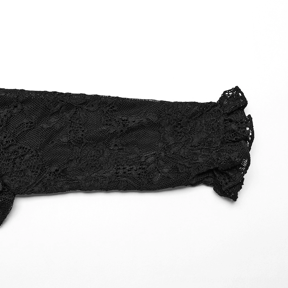 Black lace gothic blouse sleeve cuff close-up - floral lace fabric texture, ruffled cuff edge detail