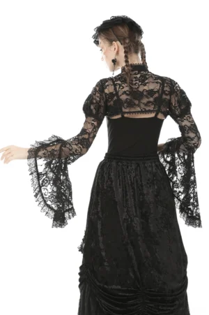 Black lace gothic bolero rear view showing open back crisscross tie closure and flared lace cuffs on model with braided hair