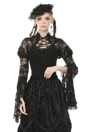 Black lace gothic bolero shrug worn by model with braided hair in front full-body view, featuring trumpet sleeves and open back design on white studio background