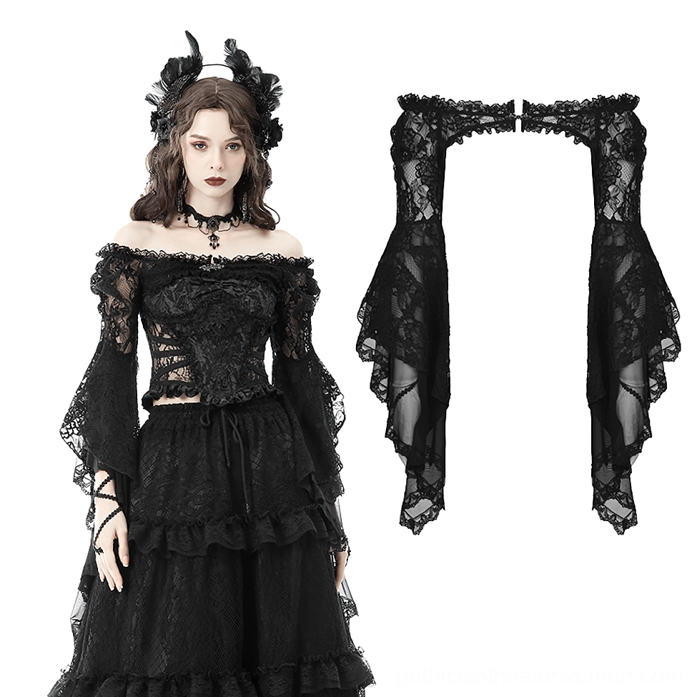 Black lace off-shoulder bolero with irregular bell sleeve hem, flat lay and model view combination