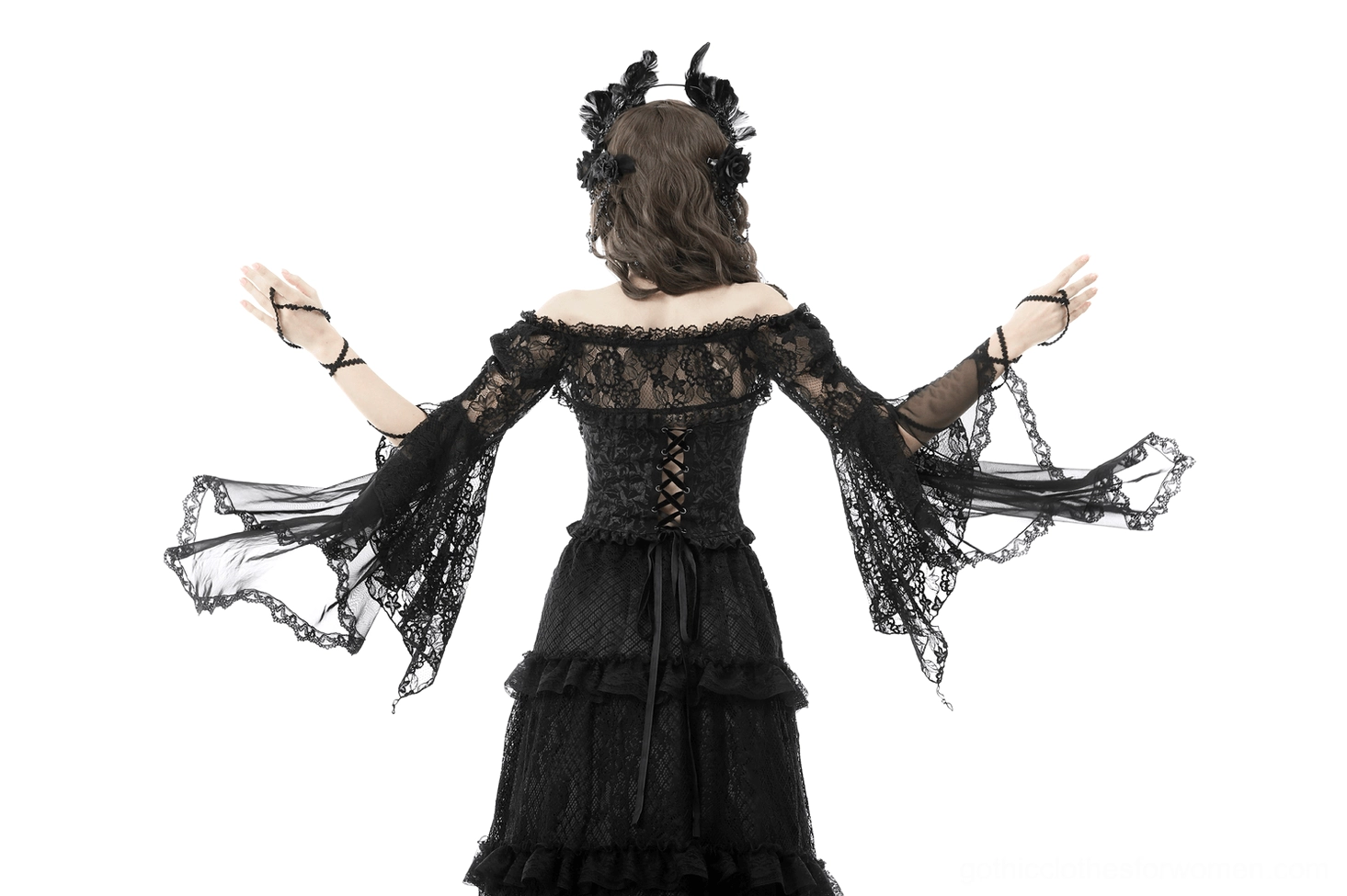 Black lace gothic bolero off-shoulder cut, romantic goth aesthetic and elegant lace embellishment showcase