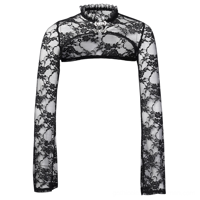 Black gothic lace cropped bolero top with long bell sleeves and metal front clasp, flat lay front view