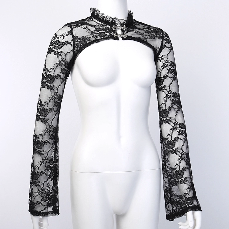 Black gothic lace cropped bolero top on mannequin display showing ornate metal collar clasp detail