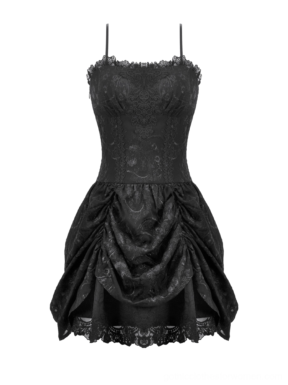 Black gothic lace camisole dress flat lay front shot, showing gathered ruched skirt and spaghetti strap neckline