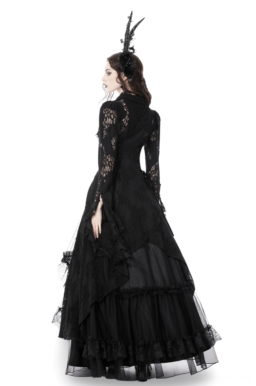 Gothic black lace cape with mesh layering back view showing sheer details