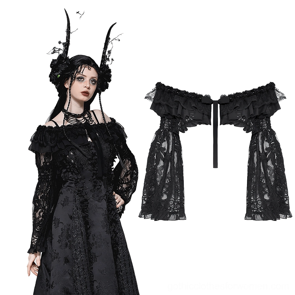 Flat-lay and model composite of black lace off-shoulder cape featuring ruffled trim and floral embroidery