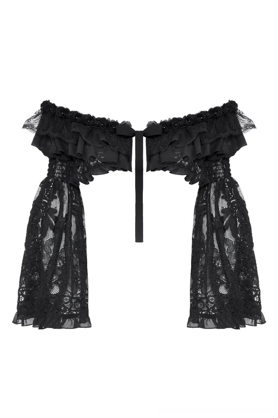 Flat-lay front view of black lace gothic cape with flared bell sleeves and off-shoulder neckline