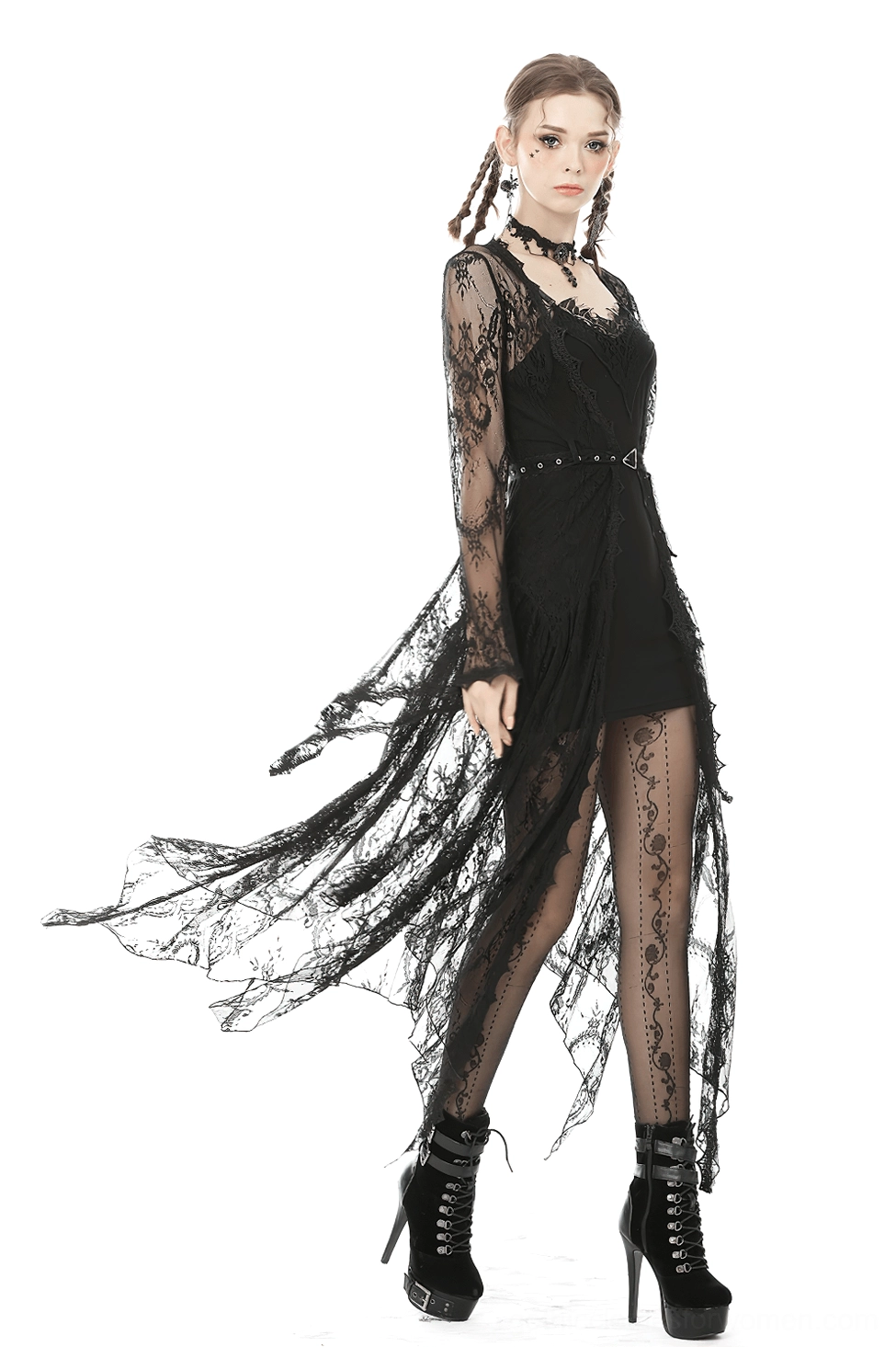 Black sheer lace gothic cape with floral detail and asymmetric hem - product detail