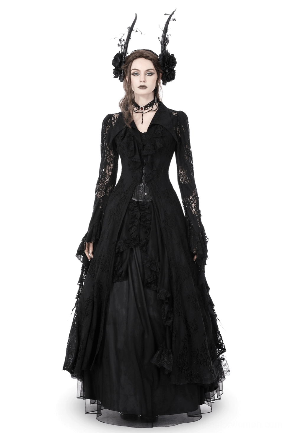Black lace gothic cape with heart cutout front view on model with horn accessories