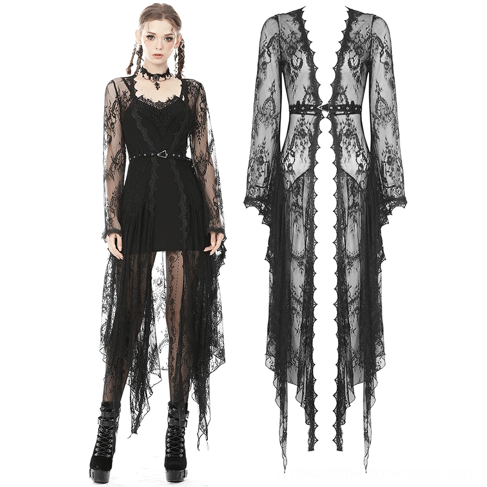 Black lace duster cape with mini slip dress combo - flat lay and model preview