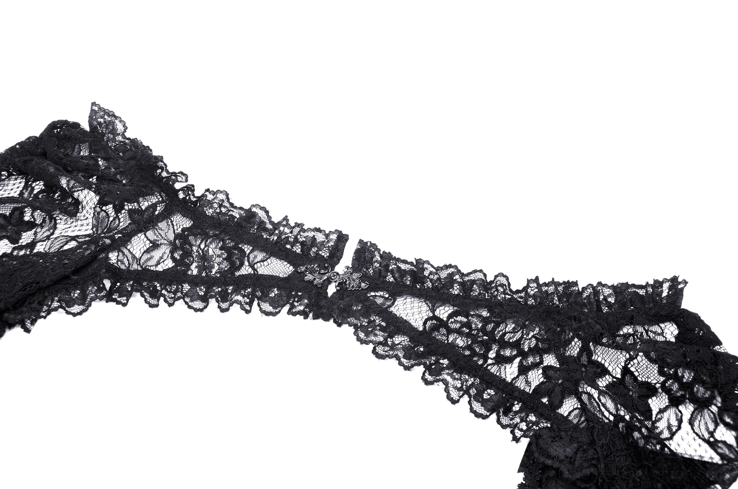 Black lace decorative collar or neck accessory, close-up flat lay with scalloped lace trim and delicate texture details