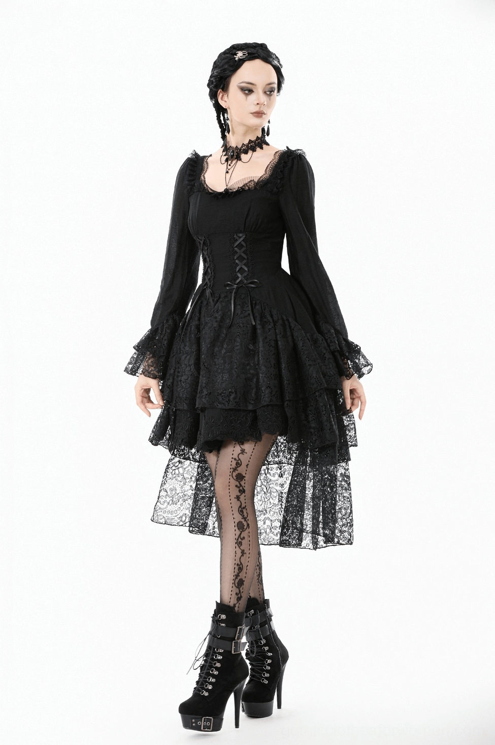 Black lace gothic corset dress detail view - satin lace-up front and floral lace trim craftsmanship