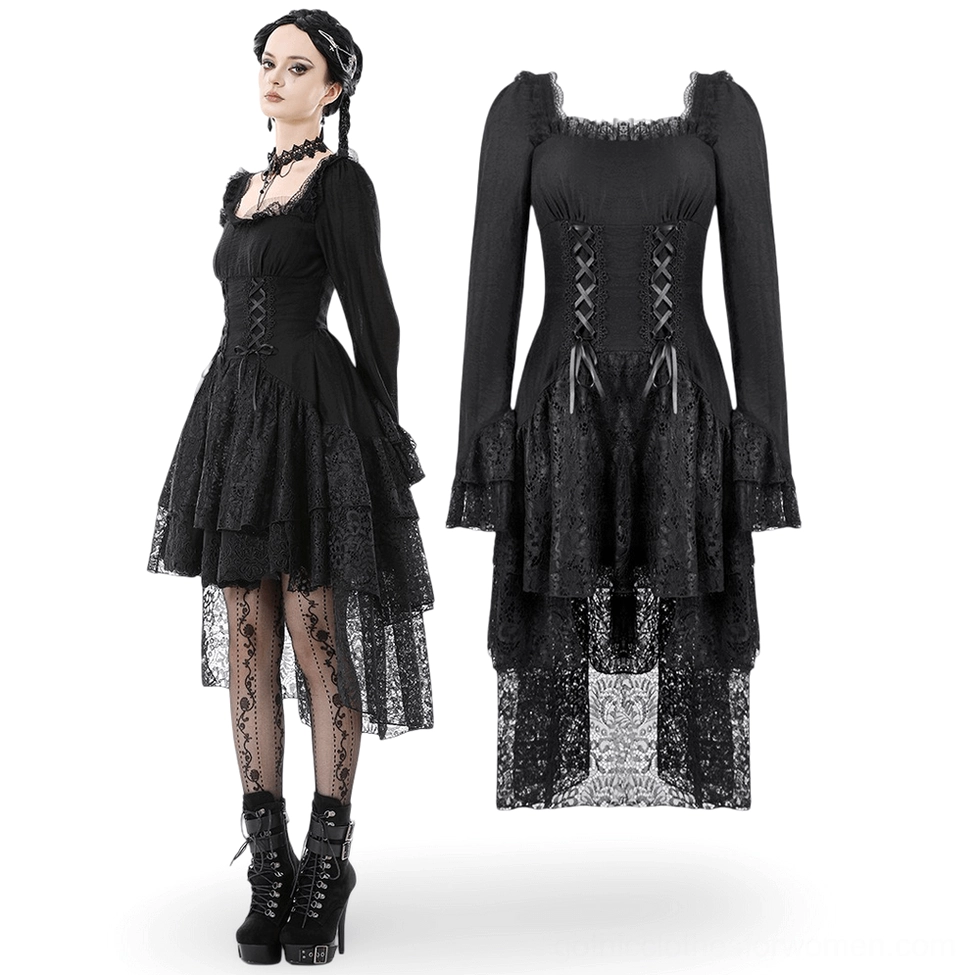 Black lace gothic corset dress flat lay display - Victorian medieval corset lace-up bodice with flared cuffs