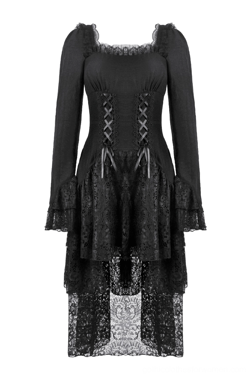 Black lace gothic dress full flat lay - corset lace-up front, bell sleeves, hi-lo layered lace skirt