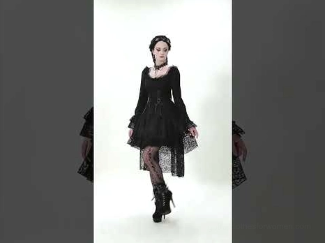 Black lace gothic dress side view - fitted corset bodice with sheer lace overlay hi-lo hem detail