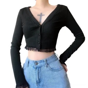 Black lace V-neck gothic crop cardigan with full sleeves on female model, studio front view