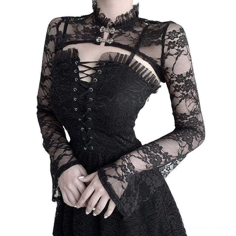 Black gothic lace crop top with bell sleeves and ornate metal collar clasp, front three-quarter view on model