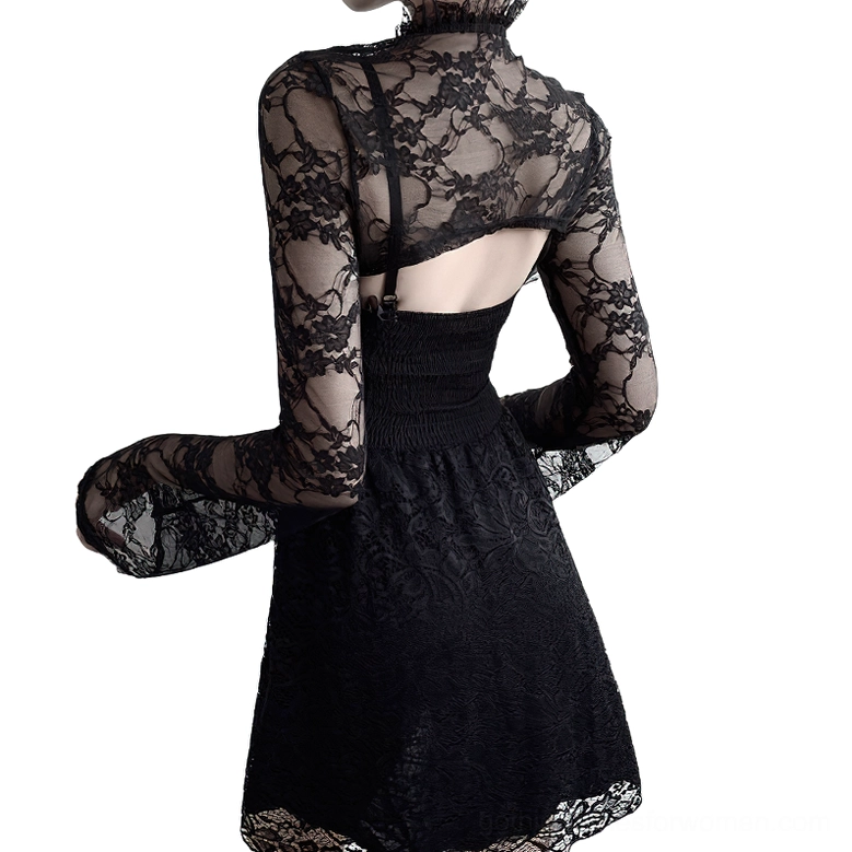 Black sheer lace gothic crop top open back design with ruffled collar, back three-quarter view on model