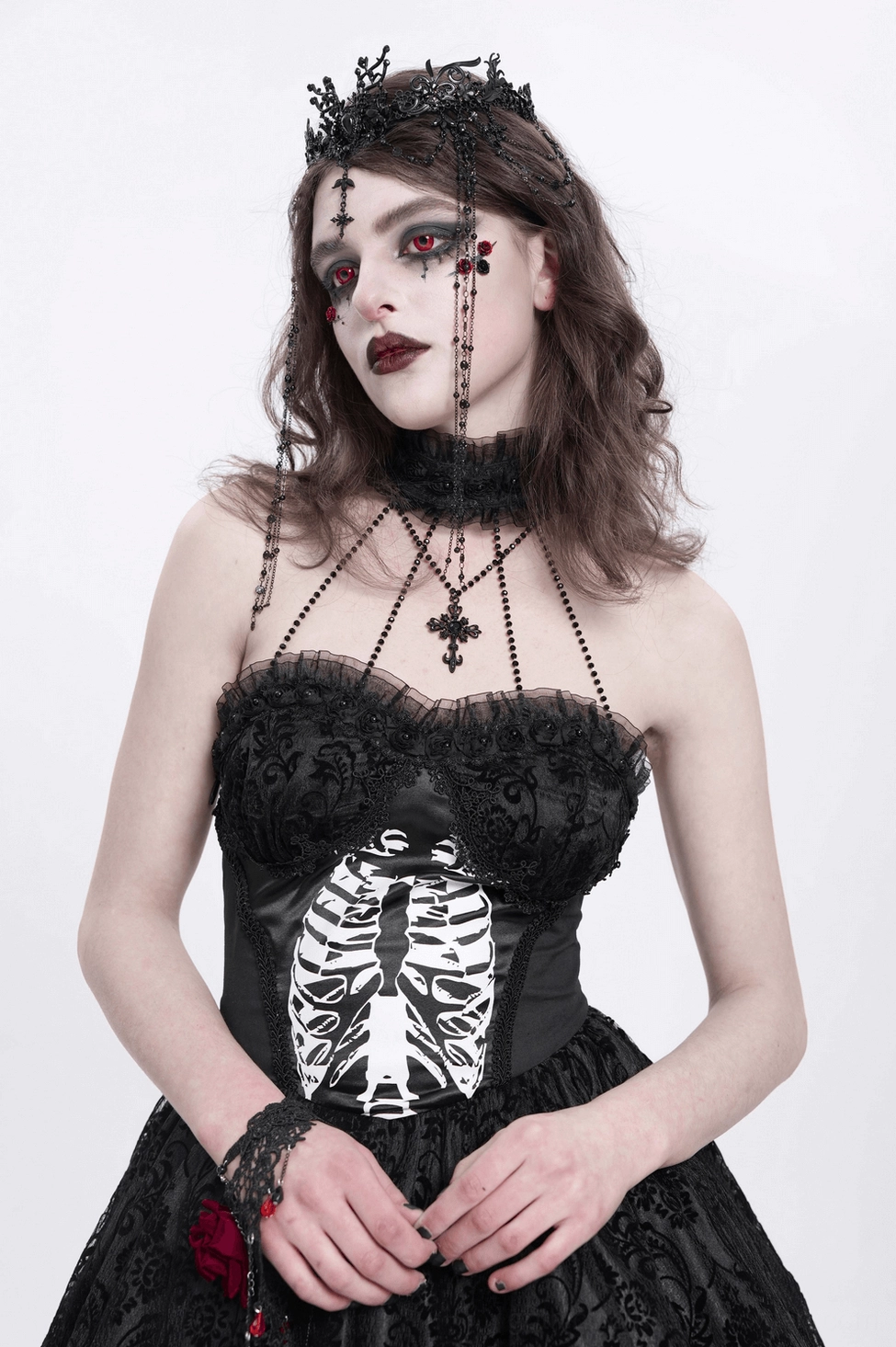 Black lace gothic crown headpiece with beaded chains and cross details, product showcase angle