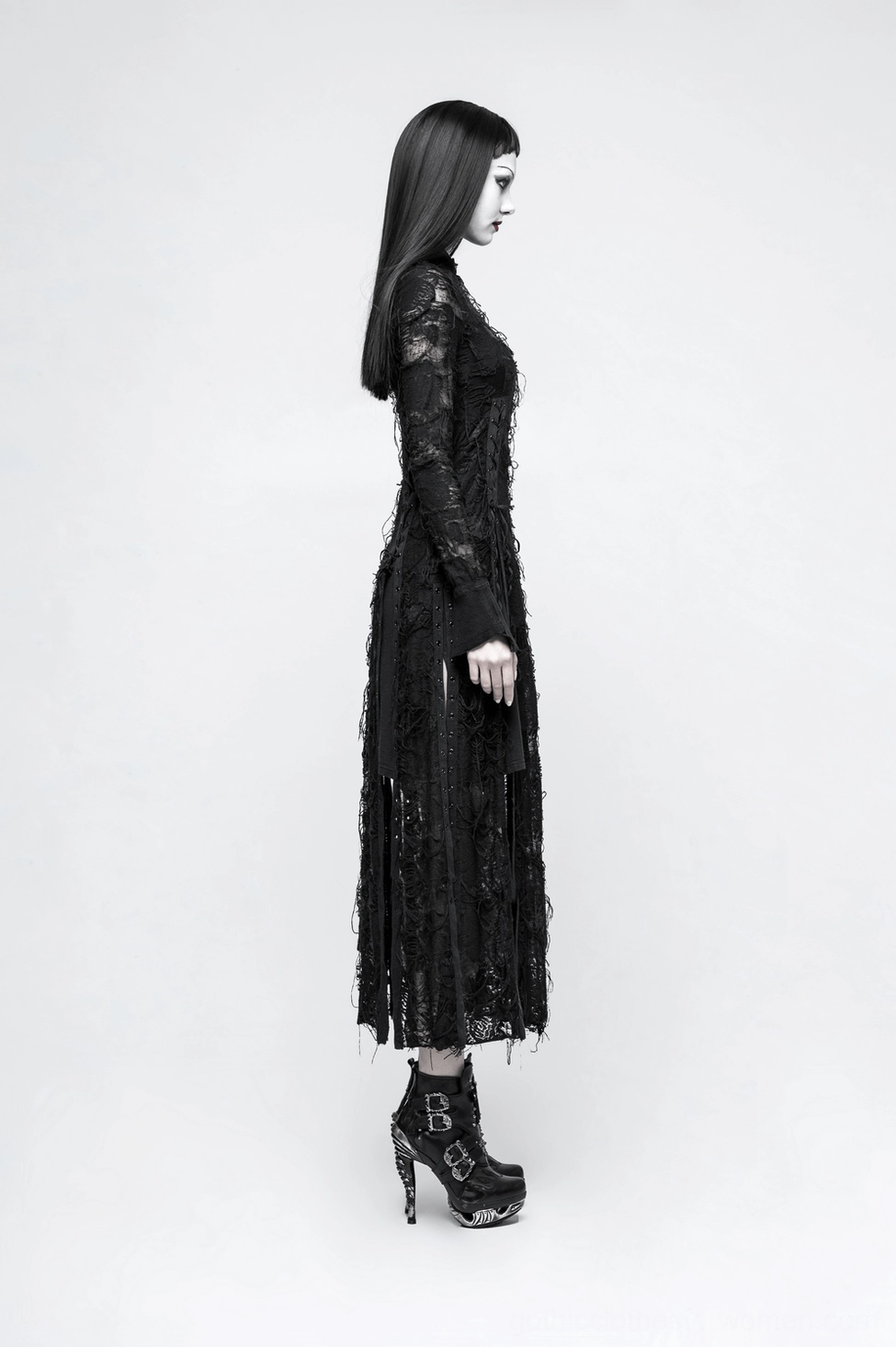 Black sheer lace gothic maxi dress alternative angle display with distressed hem and collar detail