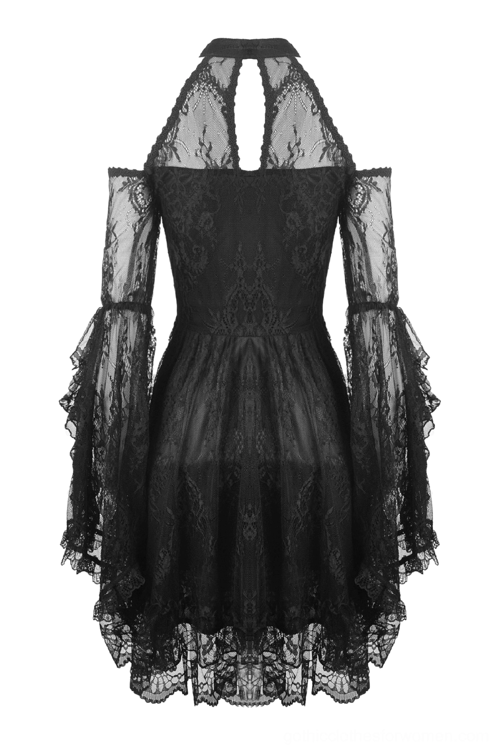 Black lace gothic dress back flat lay view with halter cutout and sheer lace panel