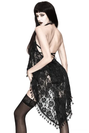 Black asymmetric lace gothic dress side back view showing open back design with tassel trim