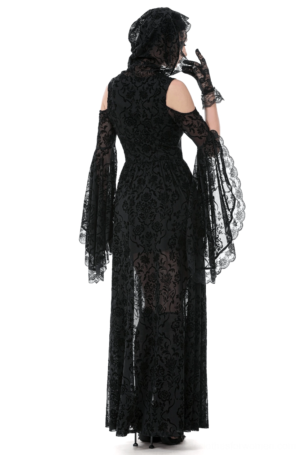 Victorian gothic lace maxi dress back view showing sheer layered lace skirt and hooded design