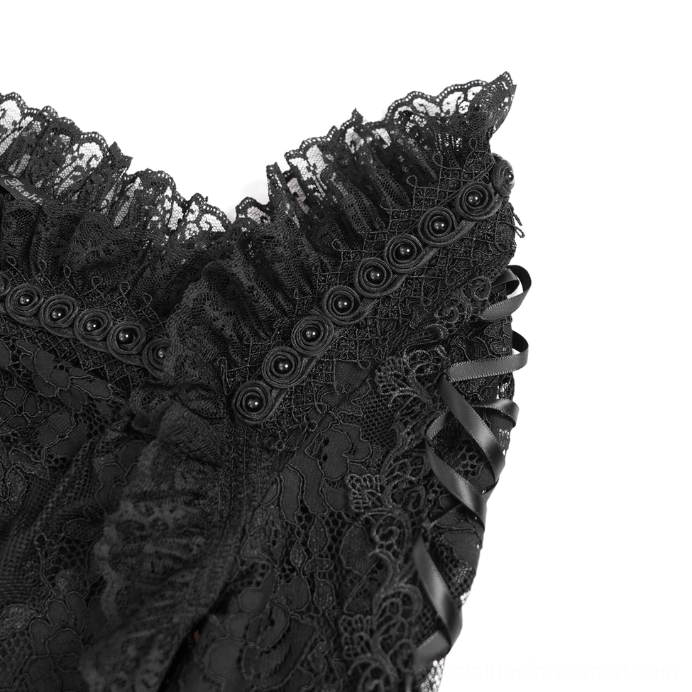 Black gothic lace mini dress with bell sleeves, square neckline, and delicate lace ruffles