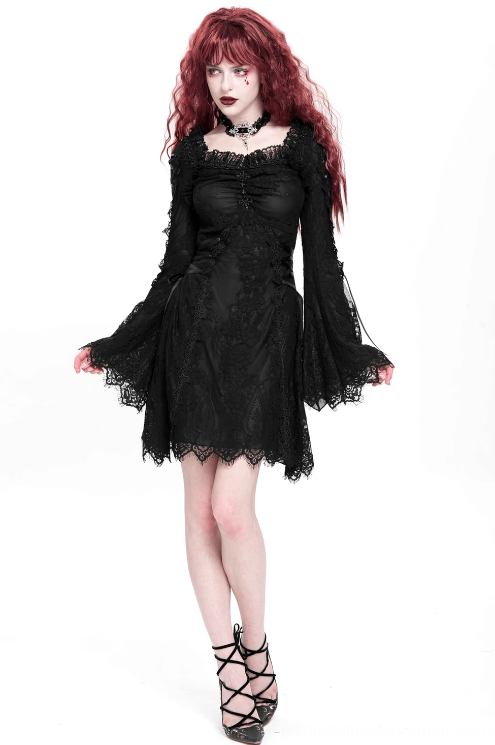Black lace gothic mini dress showing off-shoulder capability and bell sleeve silhouette
