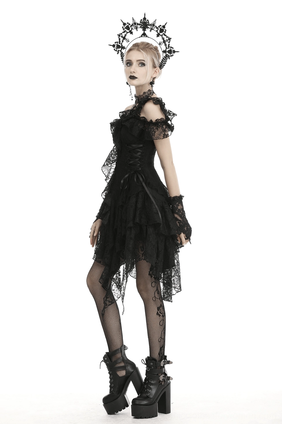 Black lace gothic dress complete ensemble view showing all design elements and features