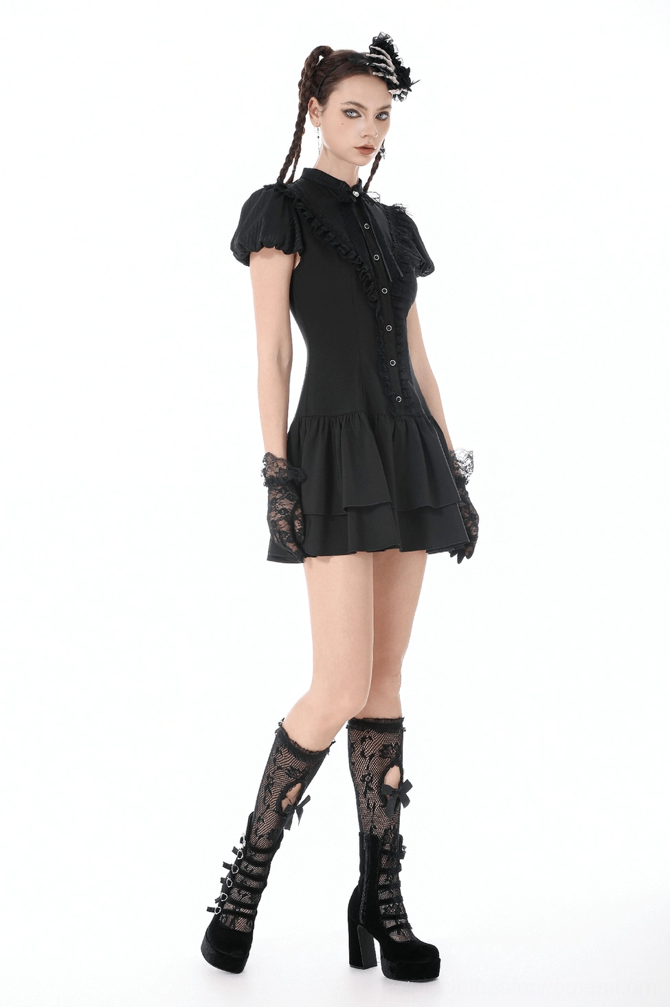 Black lace corset back gothic dress with puff sleeves and tiered ruffle hem, complete styling view for goth subculture and alternative fashion communities