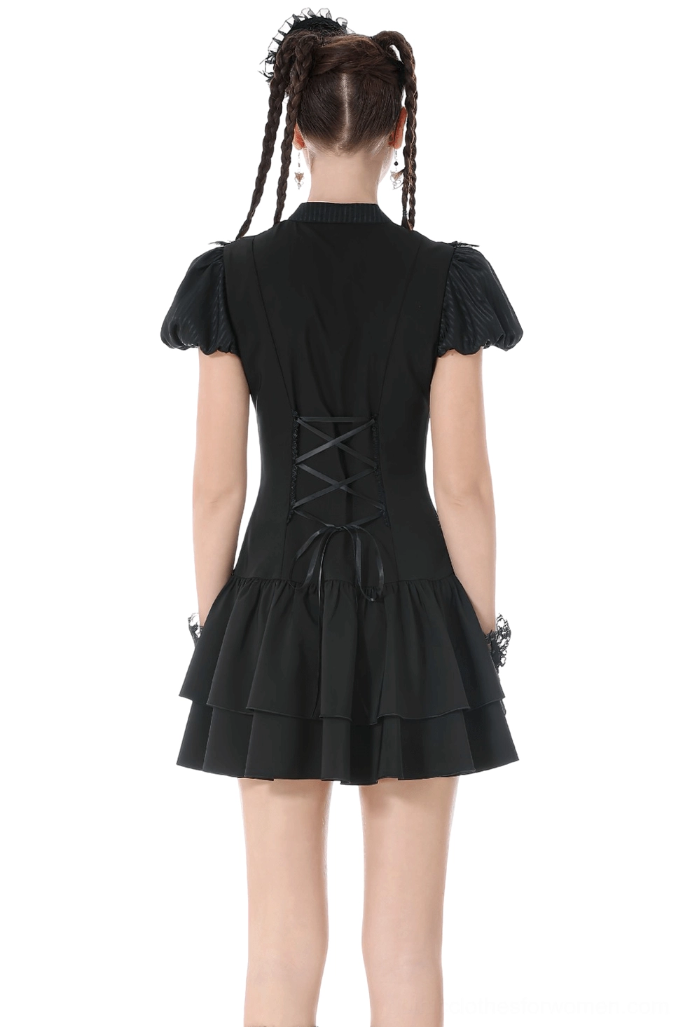 Black gothic puff sleeve dress back view displaying adjustable lace-up corset back closure, fitted waist, and cascading tiered ruffle hem with model wearing double braids