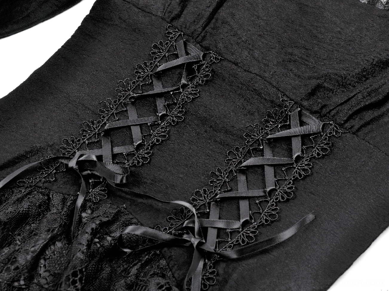 Black lace gothic dress corset detail - satin ribbon lace-up closure with floral lace trim