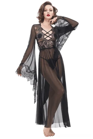 Black sheer lace gothic dress with crisscross bust detail front view on model