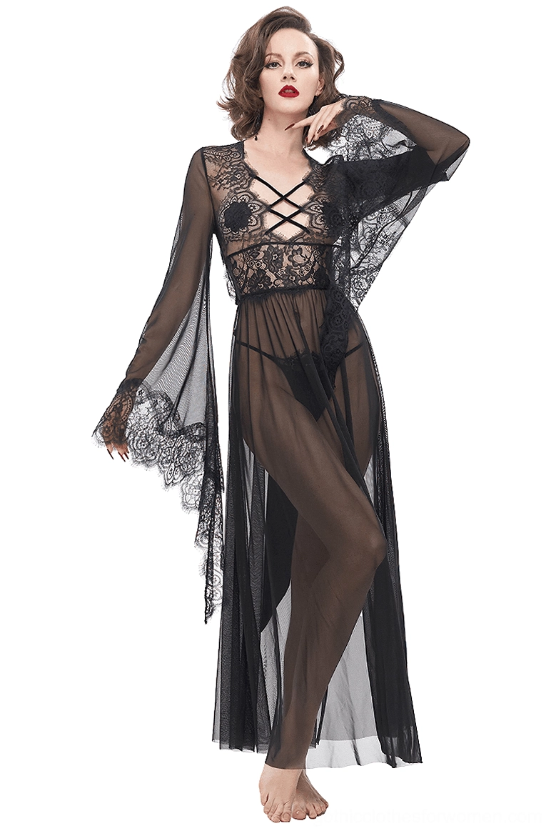 Black sheer lace gothic dress with crisscross bust detail front view on model