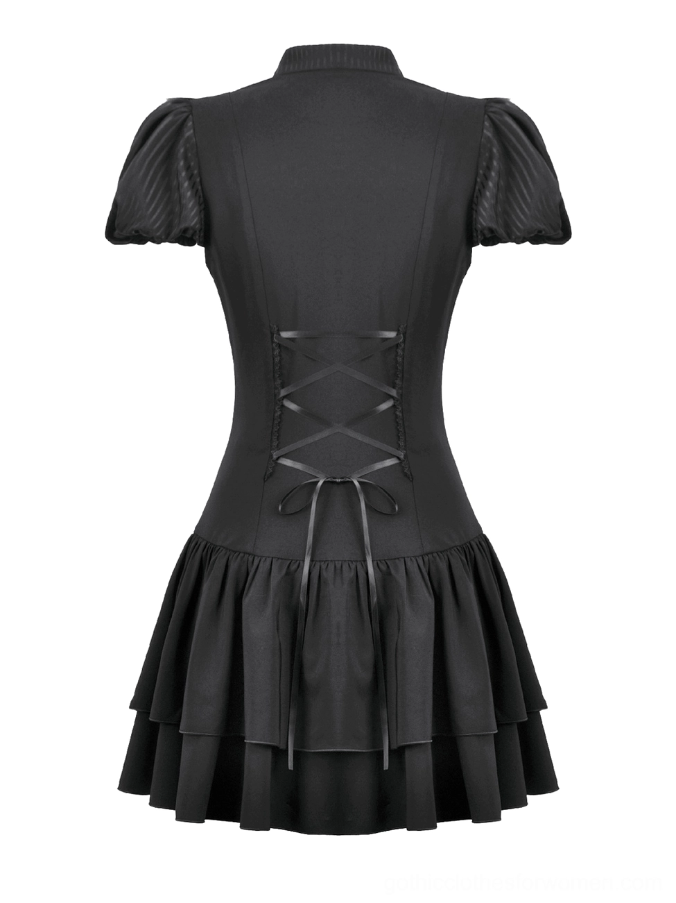 Black gothic puff sleeve dress flat lay back view showing back corset lace-up design, layered ruffle hem, and structured puff sleeves on plain white background