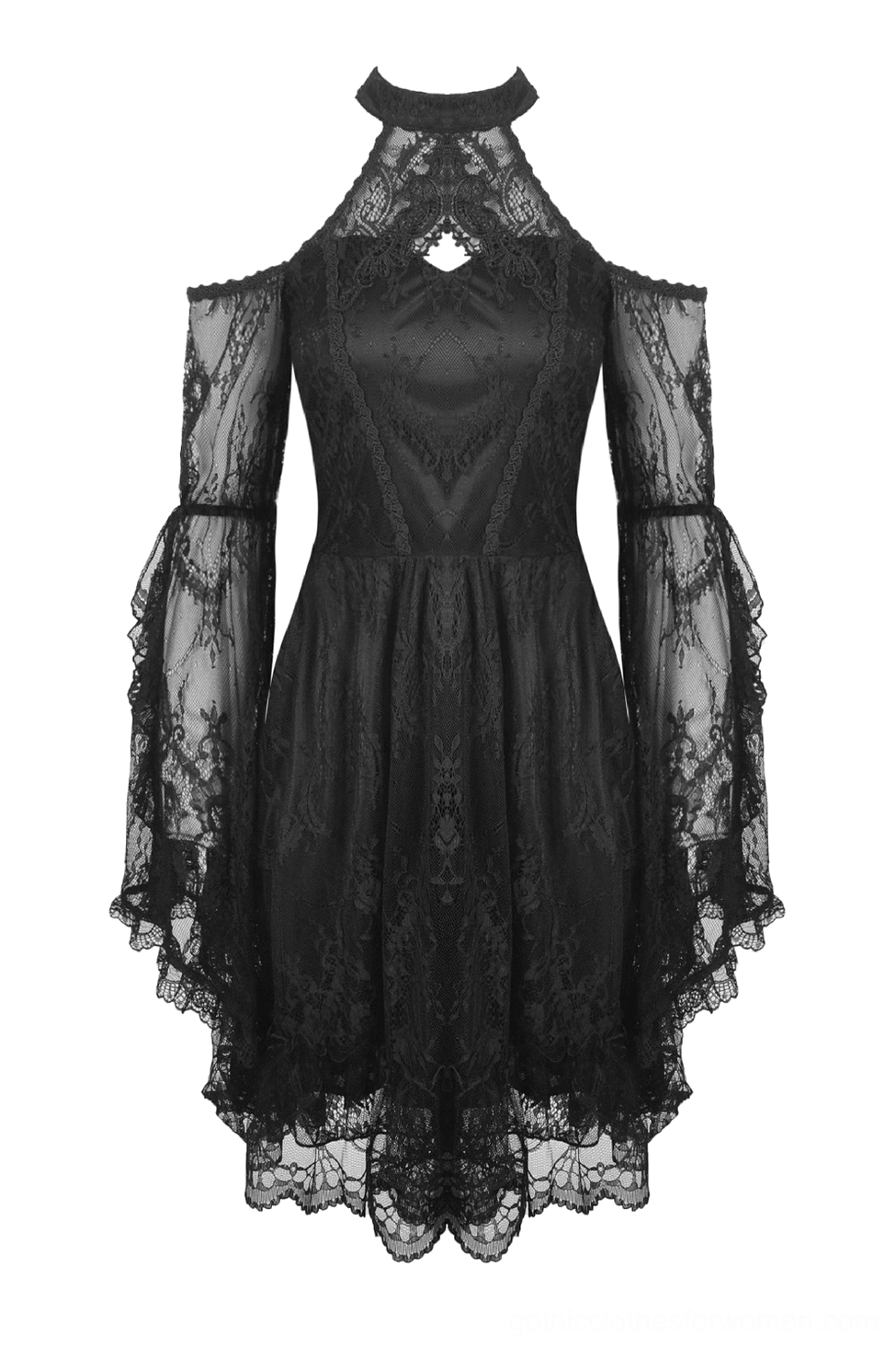Black lace gothic dress flat lay front view showing neck cutout and bell sleeve construction