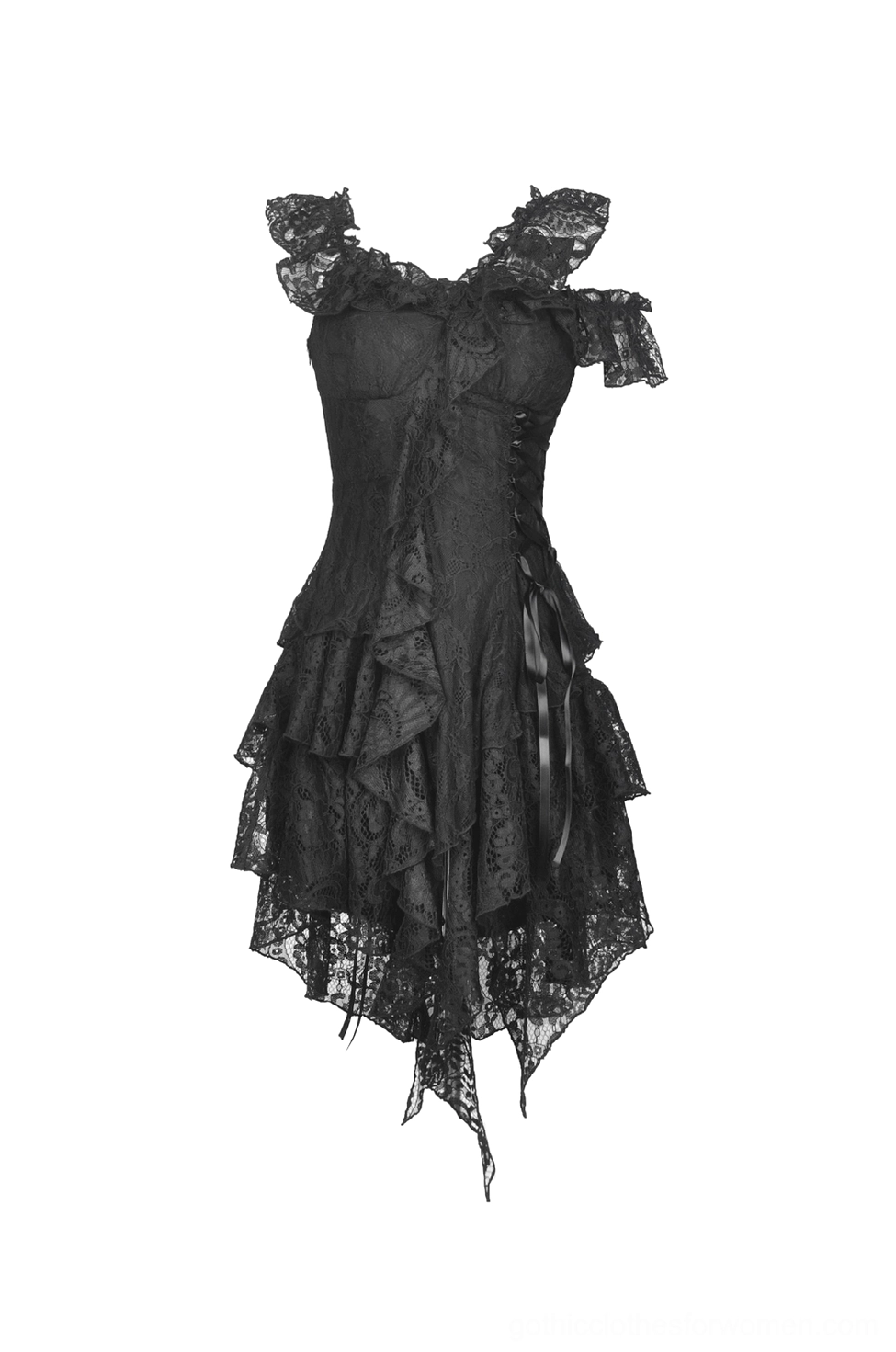 Flat lay front view of ruffled off-shoulder black lace gothic dress showing full silhouette