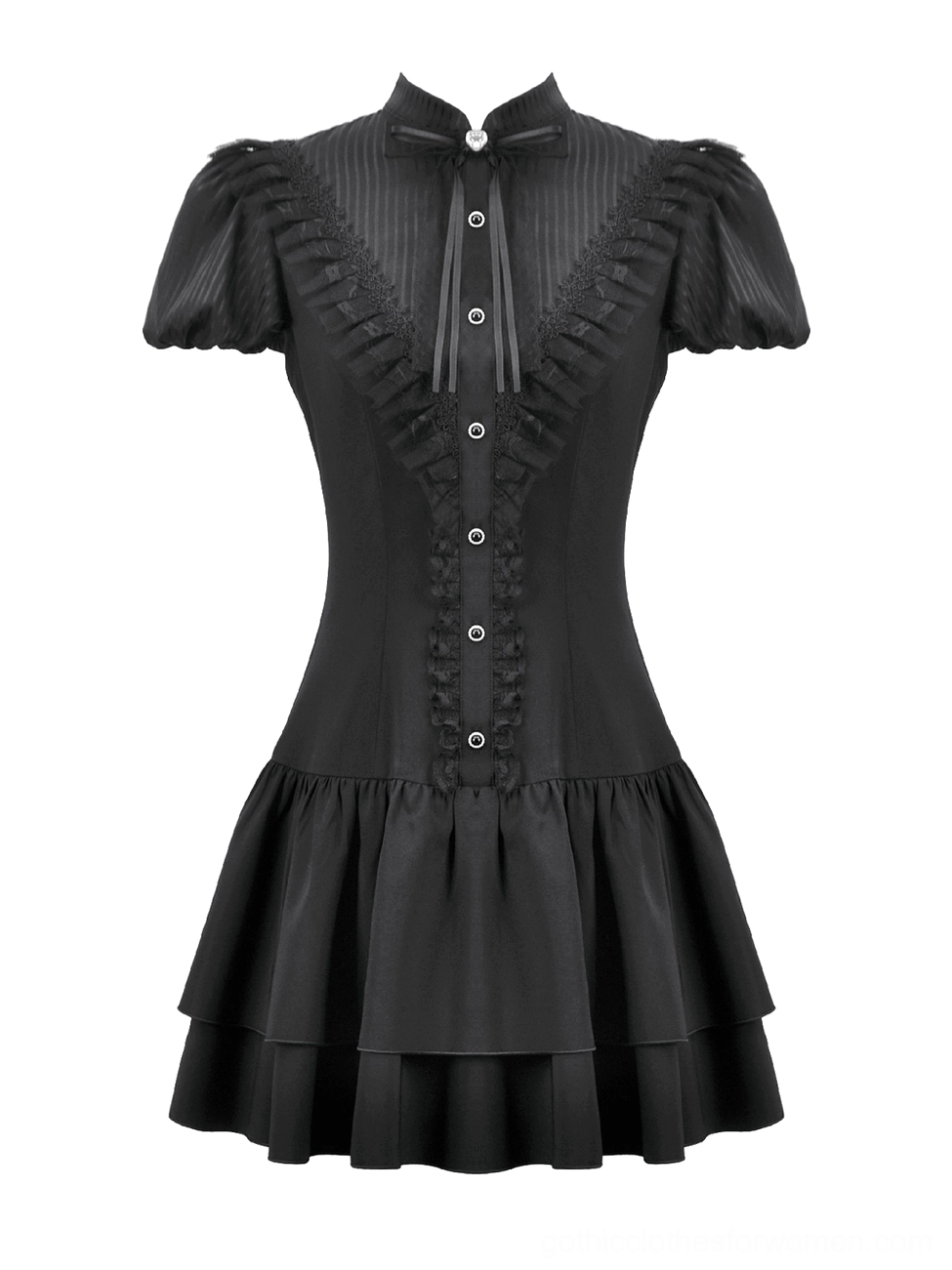 Black gothic puff sleeve dress flat lay front view displaying stand collar with decorative bow accent, ruffled front trim, and front button closure on white background