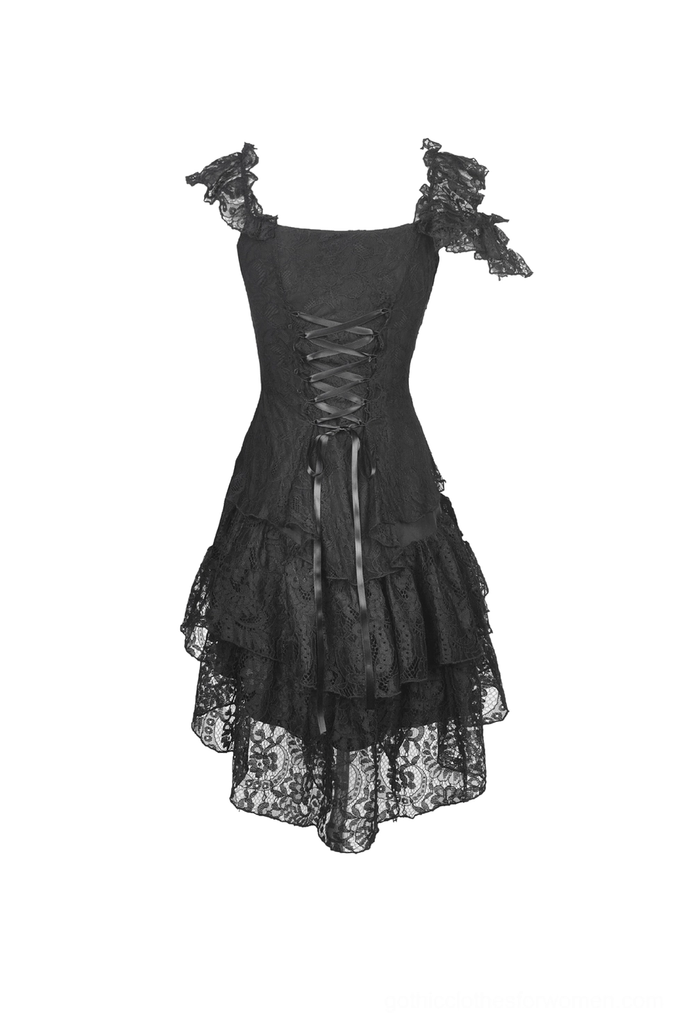Rear flat lay of black lace gothic dress featuring corset back and sheer lace hem construction