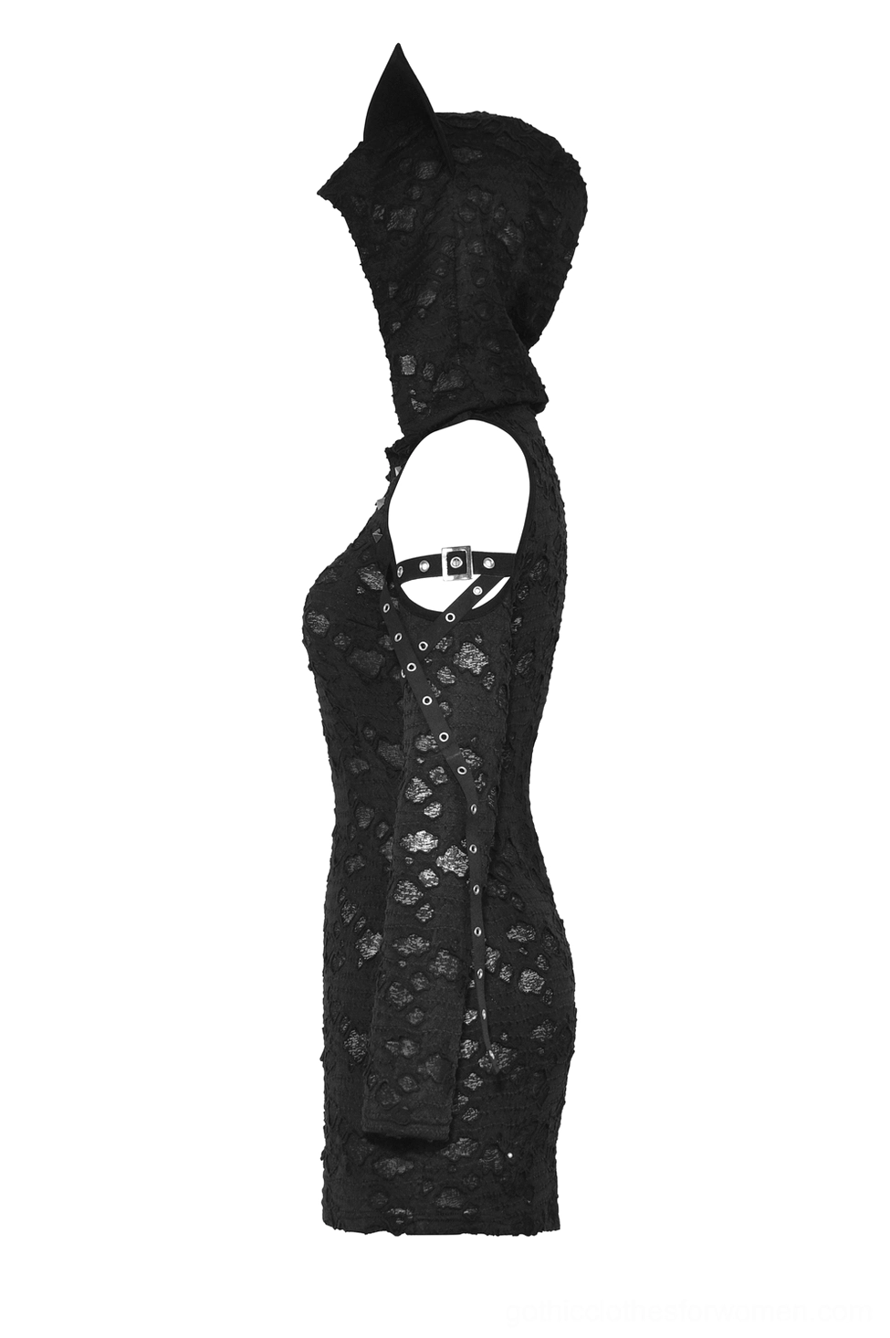 Black all-over lace cold-shoulder mini dress flat lay front showing geometric lace texture and half-front zipper closure