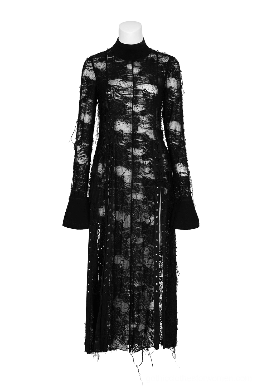 Front view of black gothic sheer lace maxi dress on mannequin with high stand neckline and frayed bottom edge