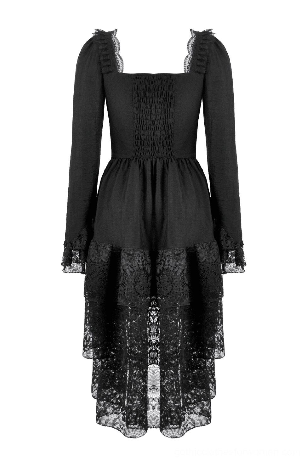 Black lace gothic dress front flat view - shirred square neck bodice with Victorian ruffle detail