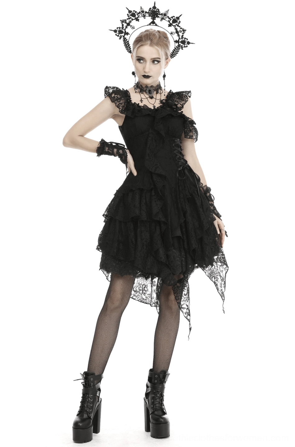 Front view of black lace gothic dress with off-shoulder ruffle neckline and asymmetric layered hem on model