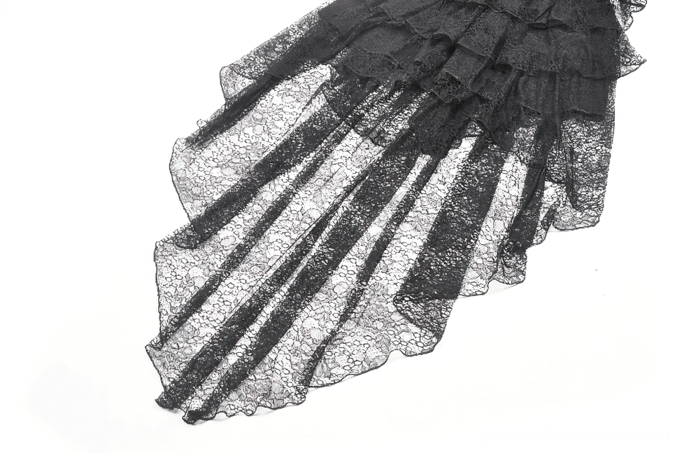 Asymmetrical hem close-up showing sheer floral lace layered tiers and dramatic drape of gothic dress