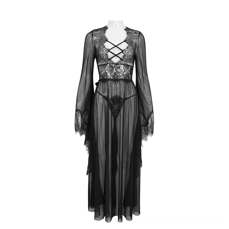 Black lace gothic dress with crisscross neckline on mannequin display front view