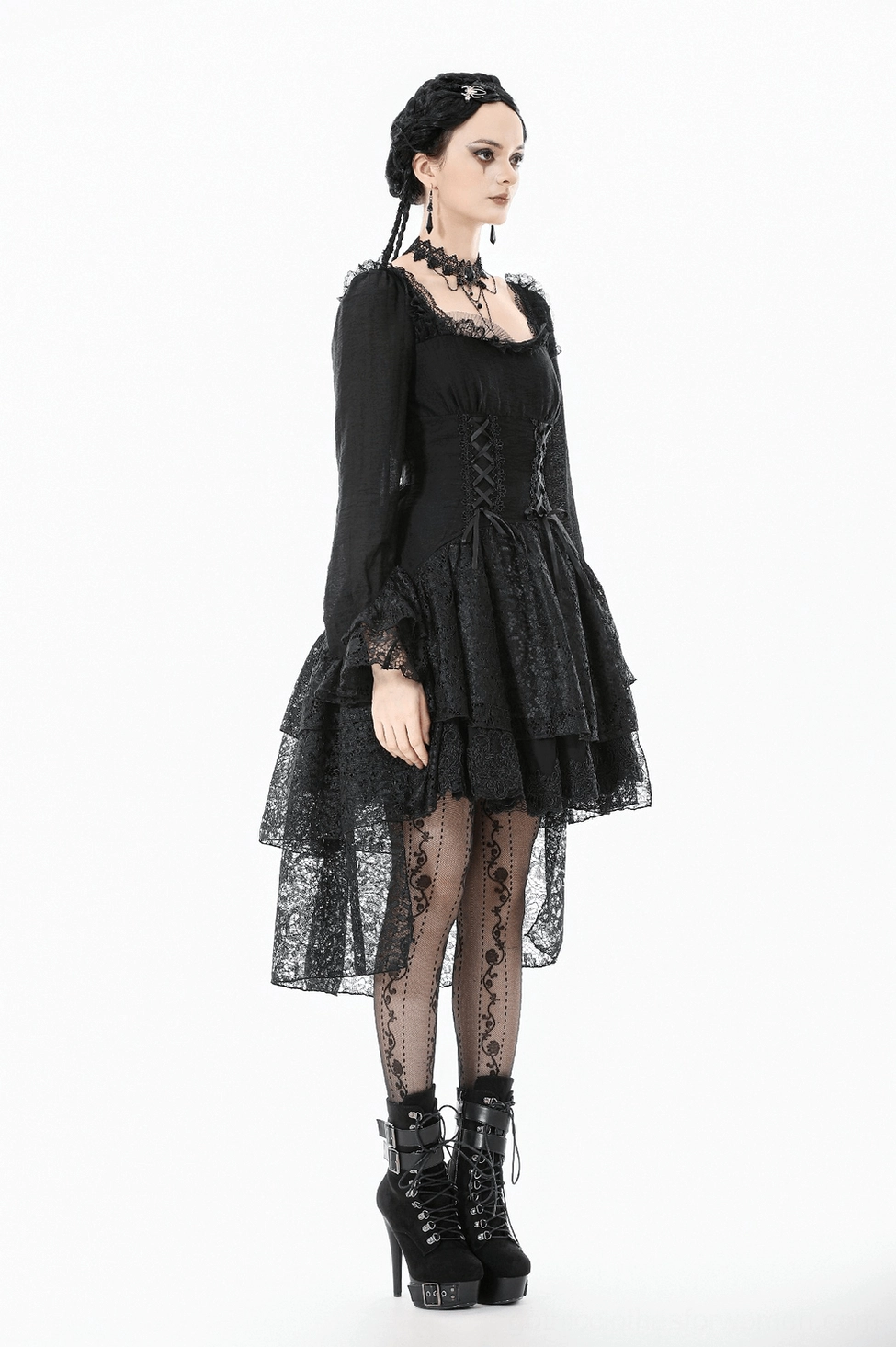 Black lace gothic medieval dress movement shot - layered lace skirt in action showing asymmetrical flow