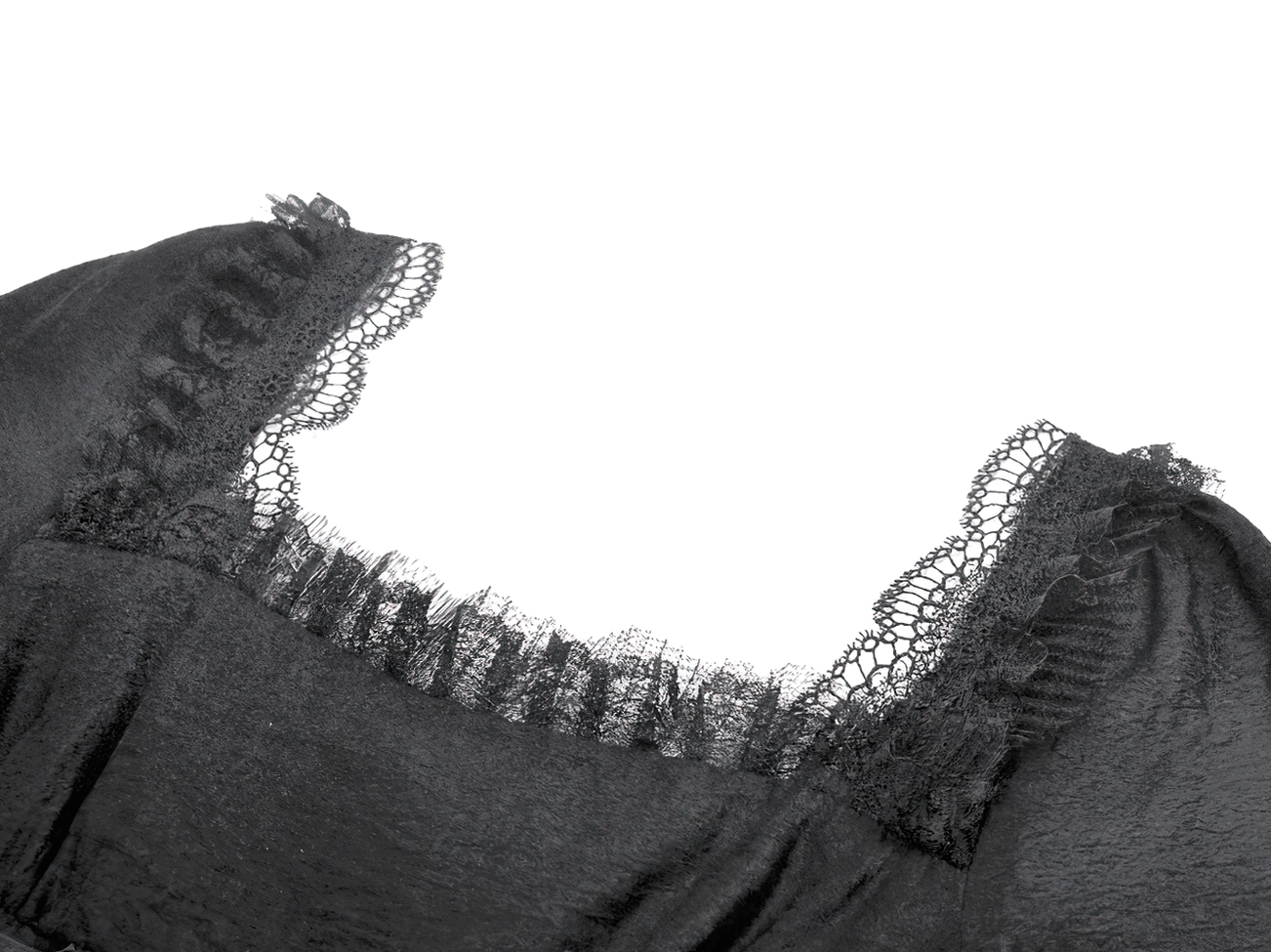 Black lace gothic dress neckline detail - square neck with ruffle trim and Victorian lace ruffle edging